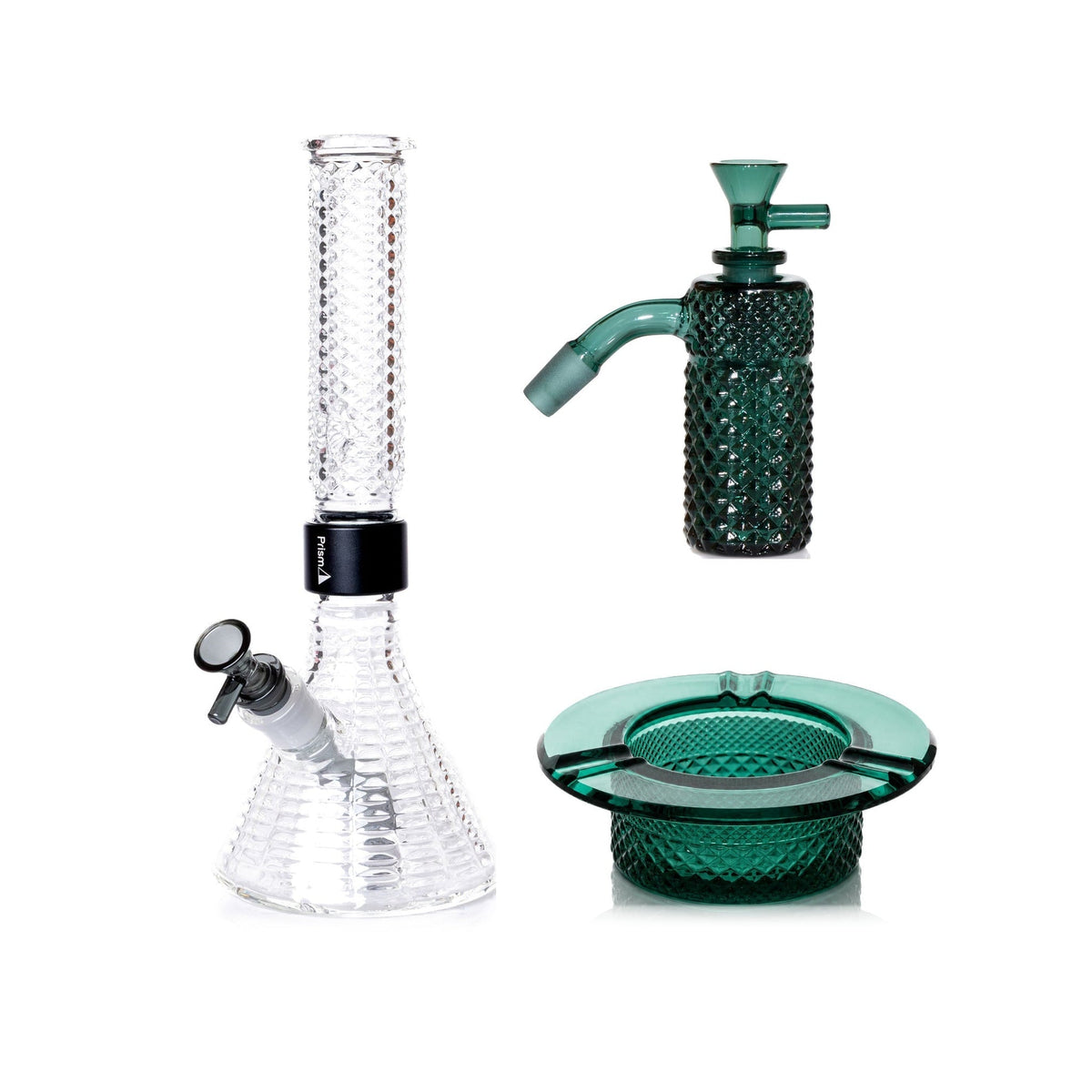 Jane West Premium Bundle: Teal 45° ash catcher, Clear Jane West beaker bong and Teal ashtray