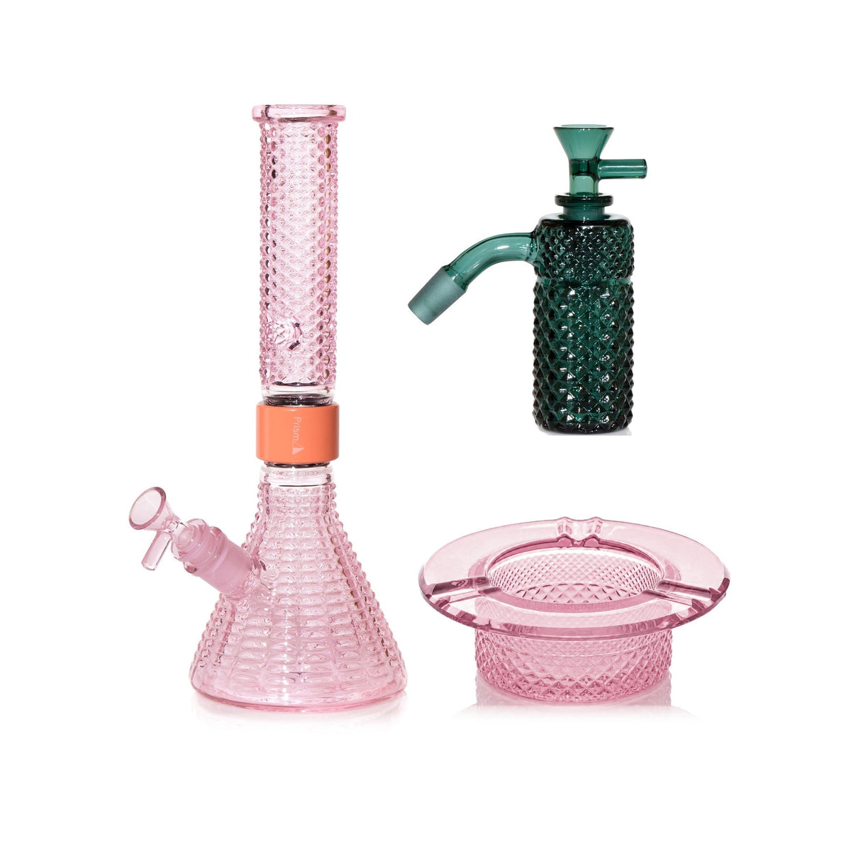 Jane West Premium Bundle: Teal 45° ash catcher, Pink Lemonade Jane West beaker bong and Pink Lemonade ashtray