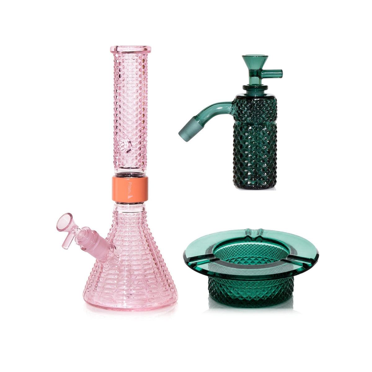 Jane West Premium Bundle: Teal 45° ash catcher, Pink Lemonade Jane West beaker bong and Teal ashtray