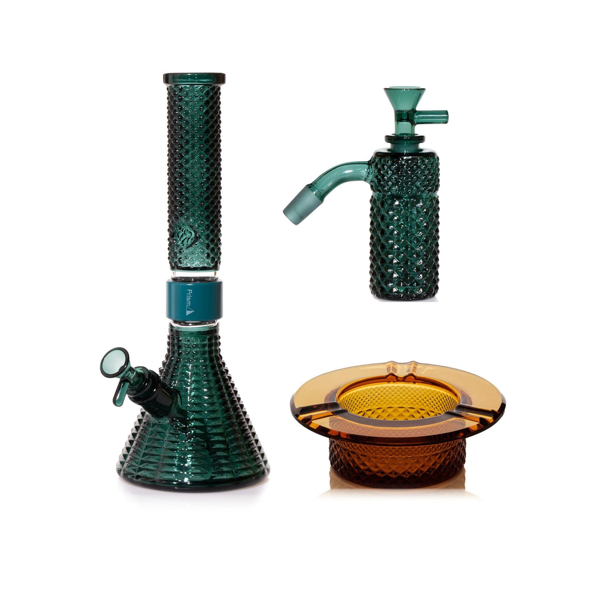 Jane West Premium Bundle: Teal 45° ash catcher, Teal Jane West beaker bong and Amber ashtray