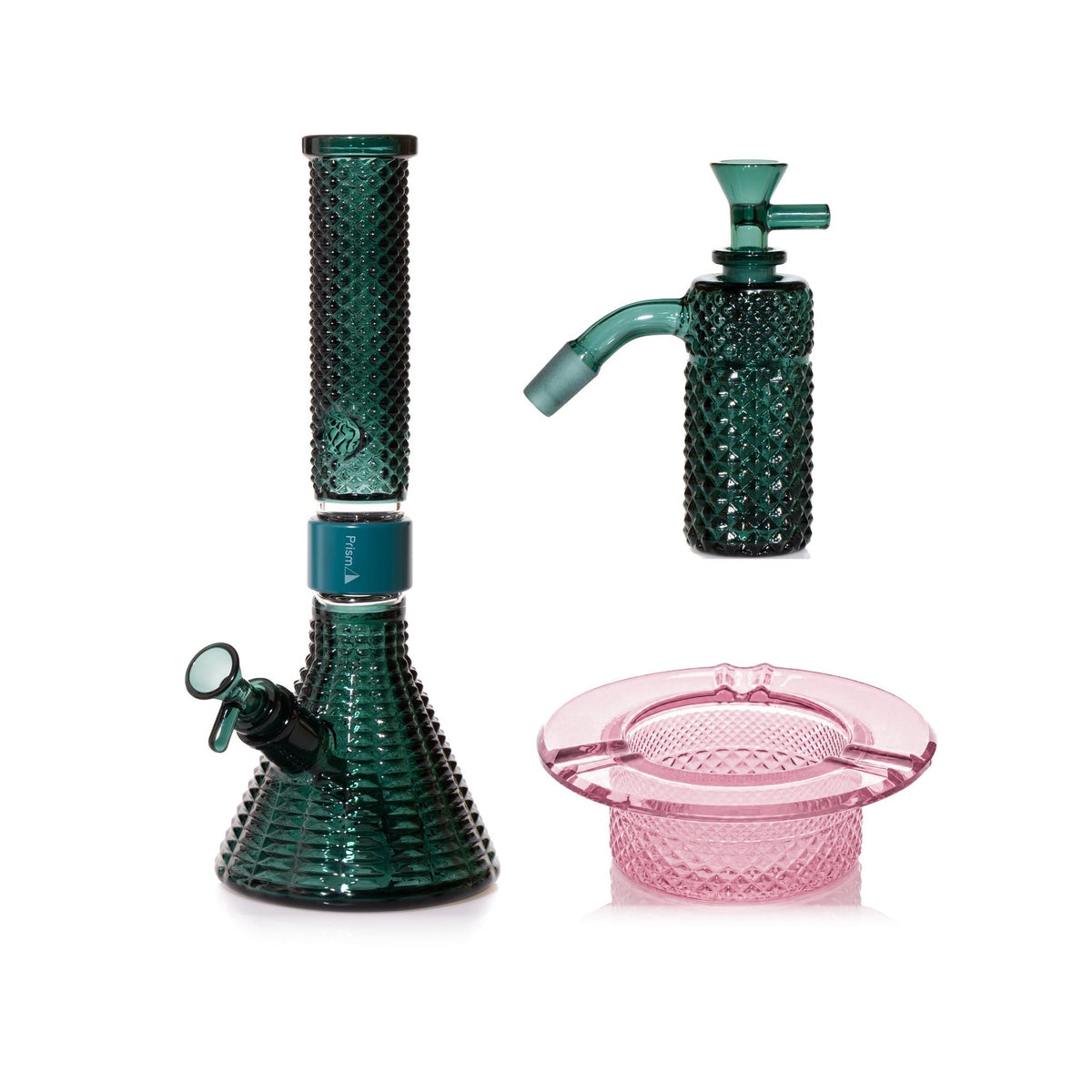 Jane West Premium Bundle: Teal 45° ash catcher, Teal Jane West beaker bong and Pink Lemonade ashtray