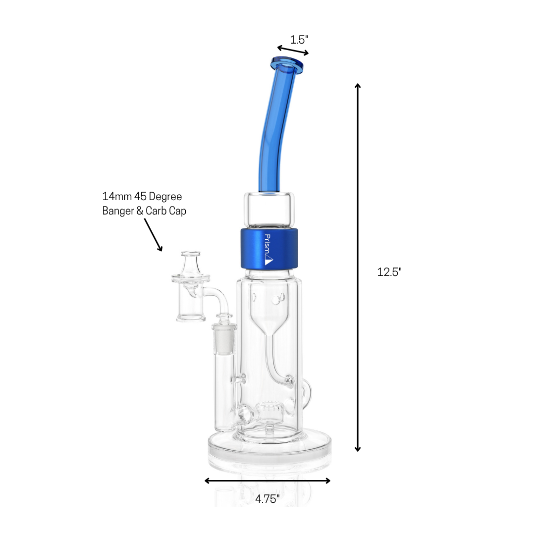 Clear Prism Klein incycler bong with a blue bent mouthpiece, blue Halo connector, recycler base, and built-in showerhead percolator. image shows dimensions
