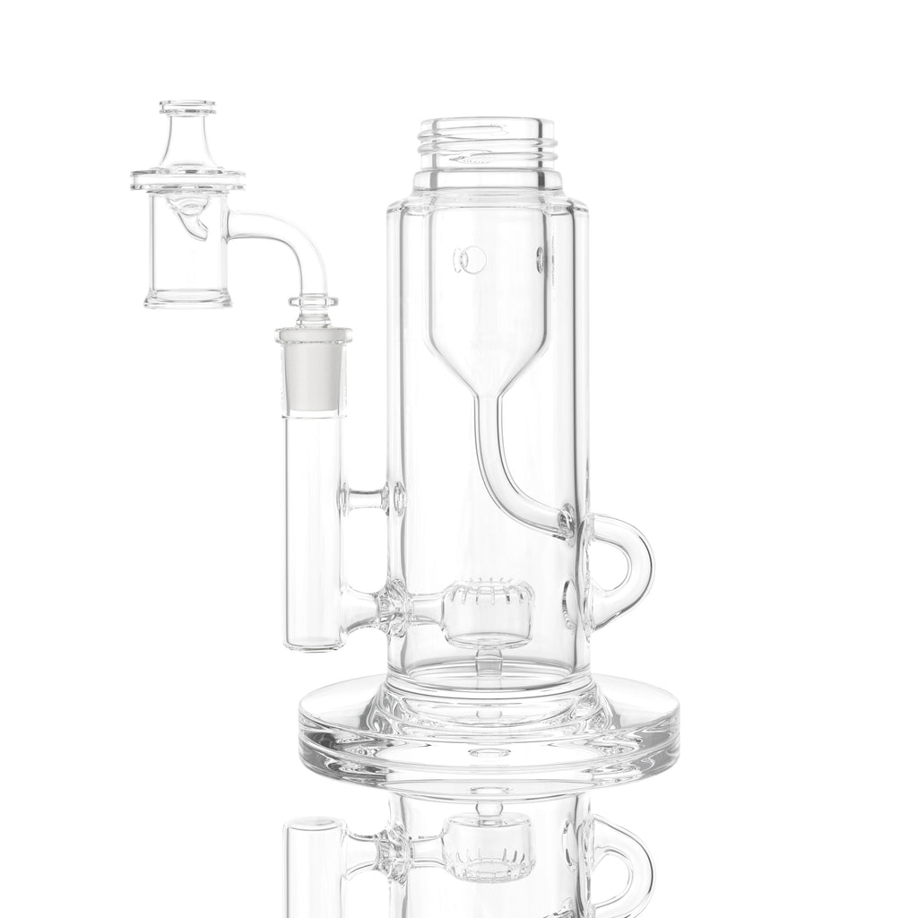 Clear Klein incycler base with a built-in showerhead percolator and recycler intake for a customizable Prism water pipe.