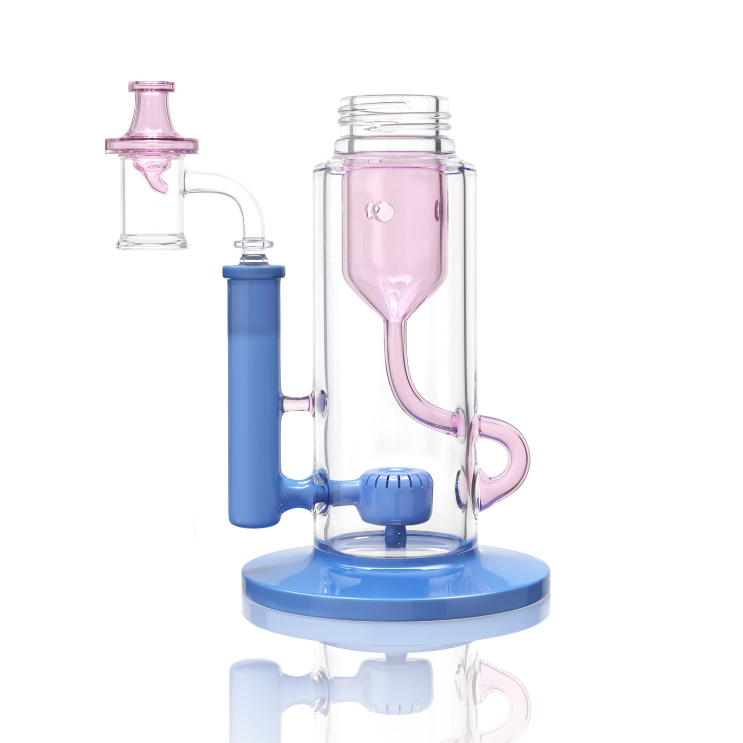 pink lemonade pink and blueberry blue Klein incycler base with a built-in showerhead percolator and recycler intake for a customizable Prism water pipe.