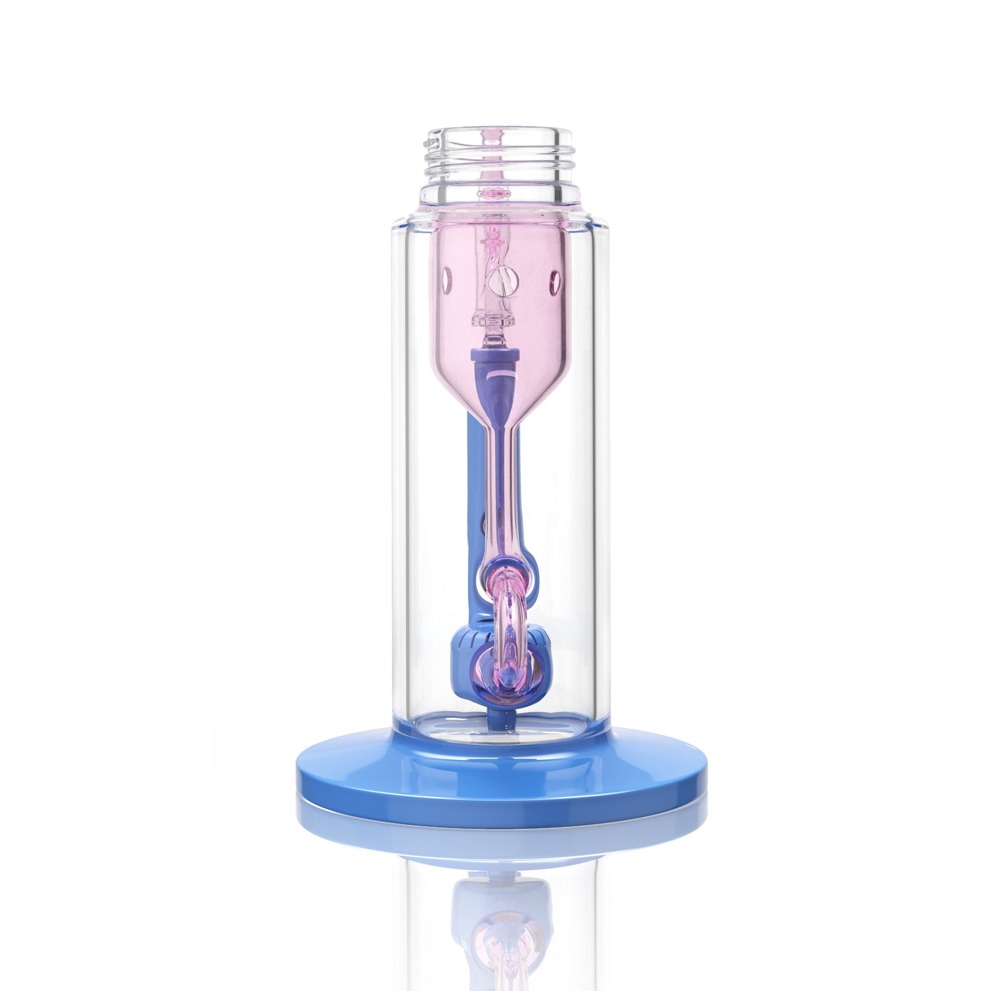 pink lemonade pink and blueberry blue Klein incycler base with a built-in showerhead percolator and recycler intake for a customizable Prism water pipe.