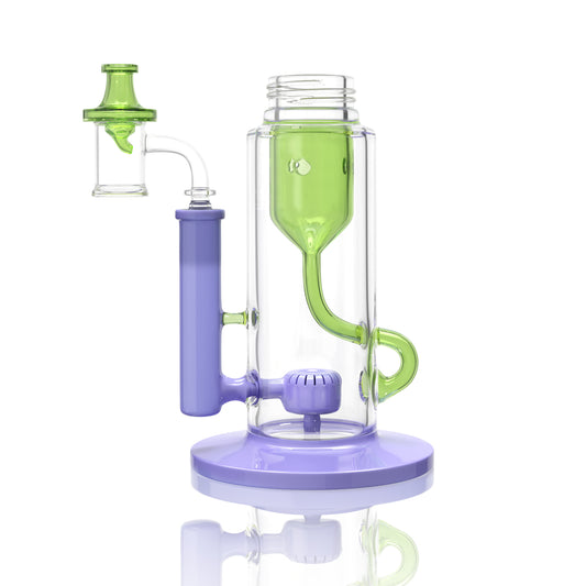 purple and slime green Klein incycler base with a built-in showerhead percolator and recycler intake for a customizable Prism water pipe.