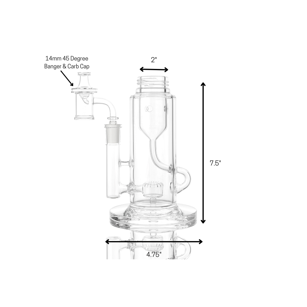 Glass smoking device with measurements on a white background
