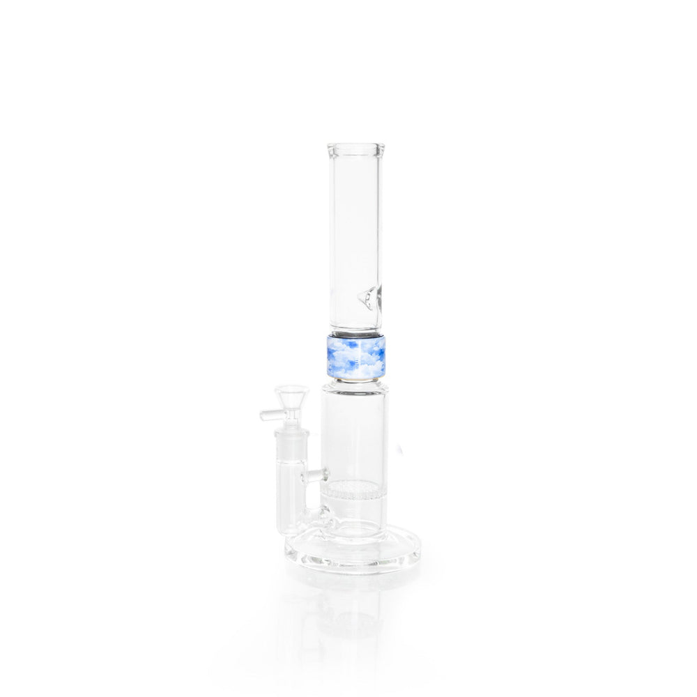 Clear glass water pipe with a blue patterned band around the neck, shown on a white background.