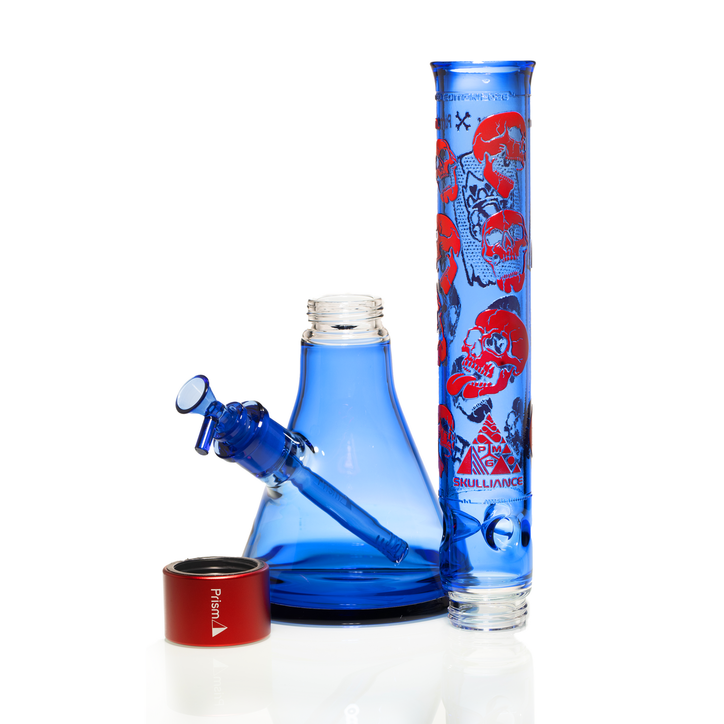 Prism x Milkyway SKULLIANCE Sapphire Classic Beaker bong with blue glass, red Prism Halo, and red etched skull artwork on a tall Classic mouthpiece.