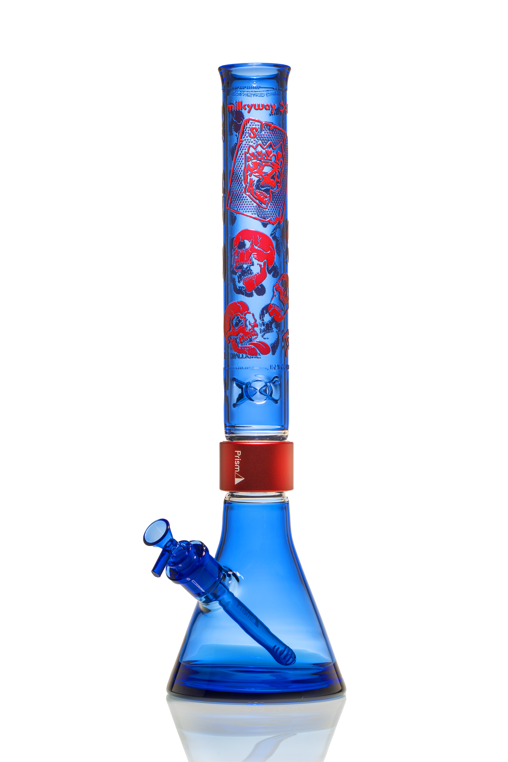 Prism x Milkyway SKULLIANCE Sapphire Classic Beaker bong with blue glass, red Prism Halo, and red etched skull artwork on a tall Classic mouthpiece.