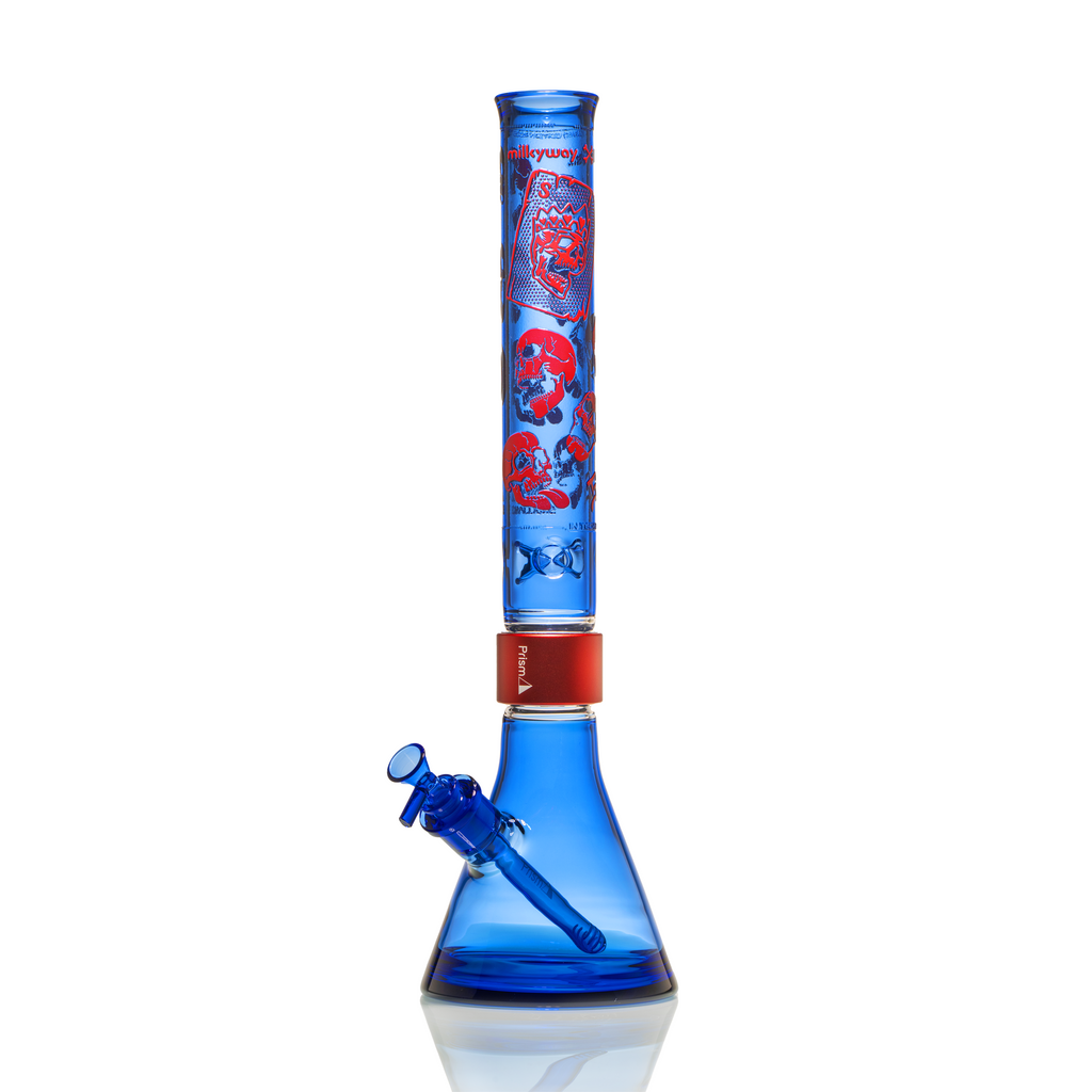 Prism x Milkyway SKULLIANCE Sapphire Classic Beaker bong with blue glass, red Prism Halo, and red etched skull artwork on a tall Classic mouthpiece.