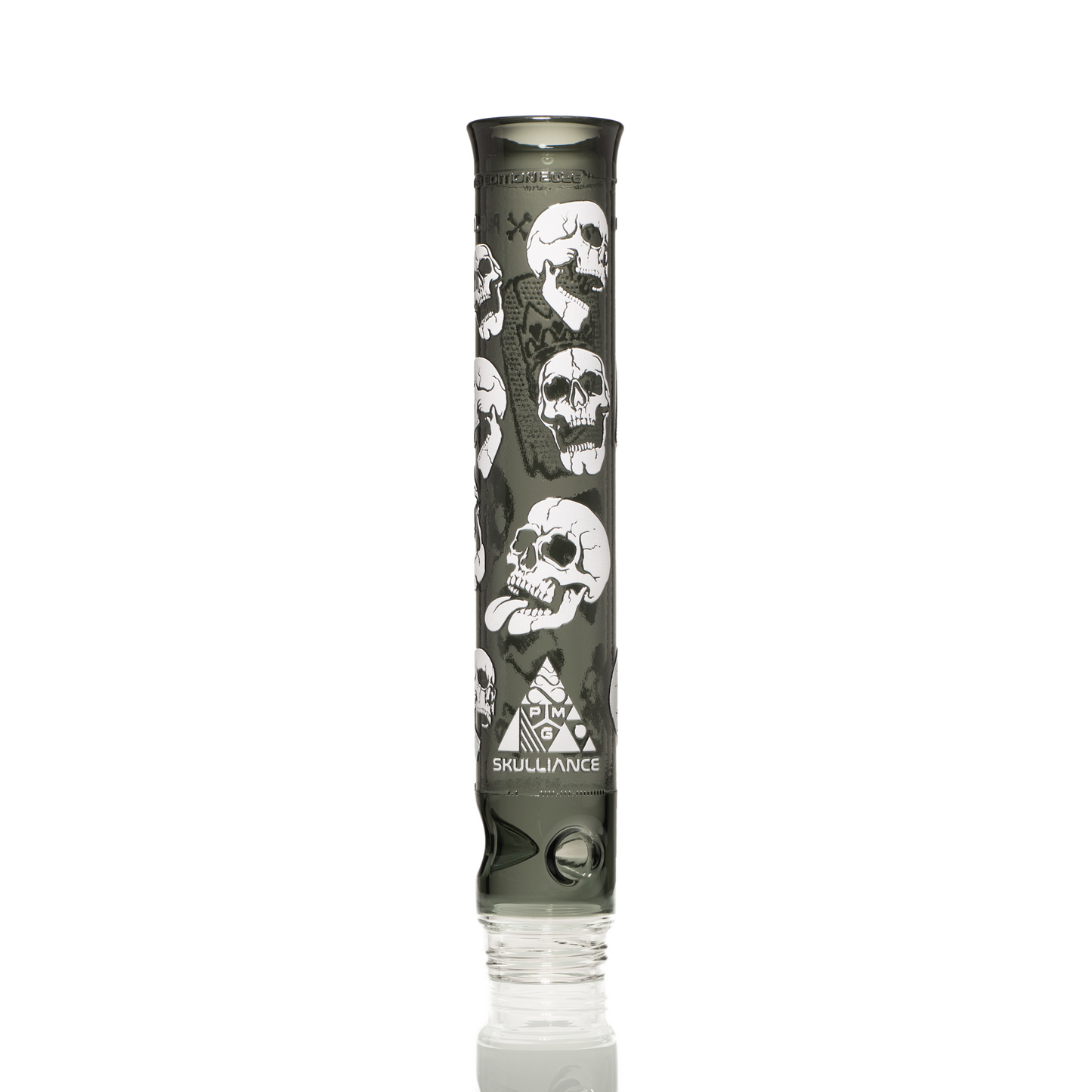 Prism x Milkyway SKULLIANCE Etched Tall Mouthpiece in midnight glass with white sandblasted skull artwork, limited-edition Classic bong mouthpiece.
