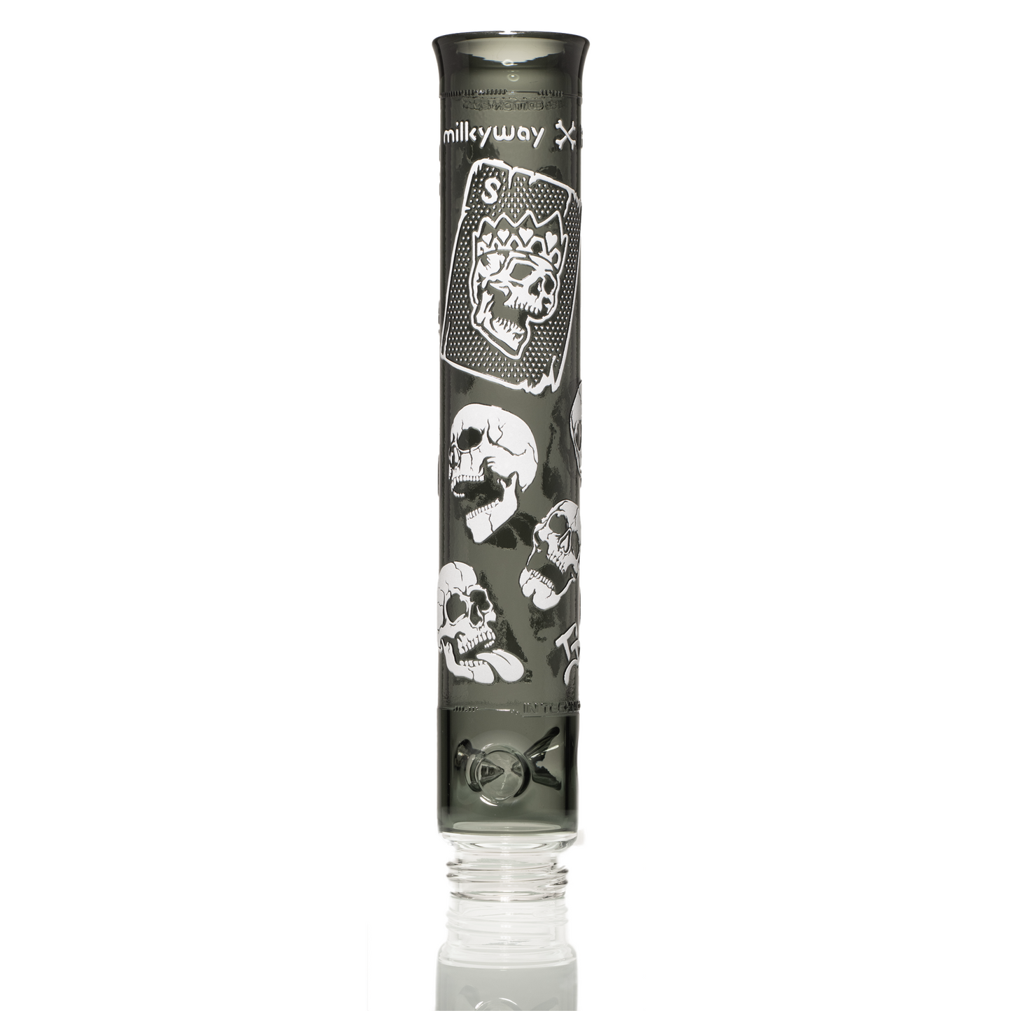 Prism x Milkyway SKULLIANCE Etched Tall Mouthpiece in midnight glass with white sandblasted skull artwork, limited-edition Classic bong mouthpiece.