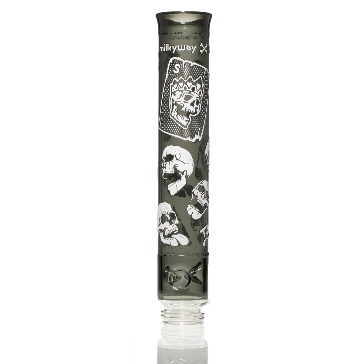 Prism x Milkyway SKULLIANCE Etched Tall Mouthpiece in midnight glass with white sandblasted skull artwork, limited-edition Classic bong mouthpiece.