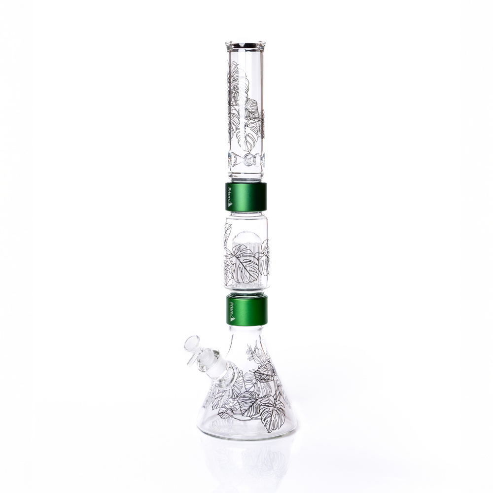 Glass water pipe with floral designs on a white background