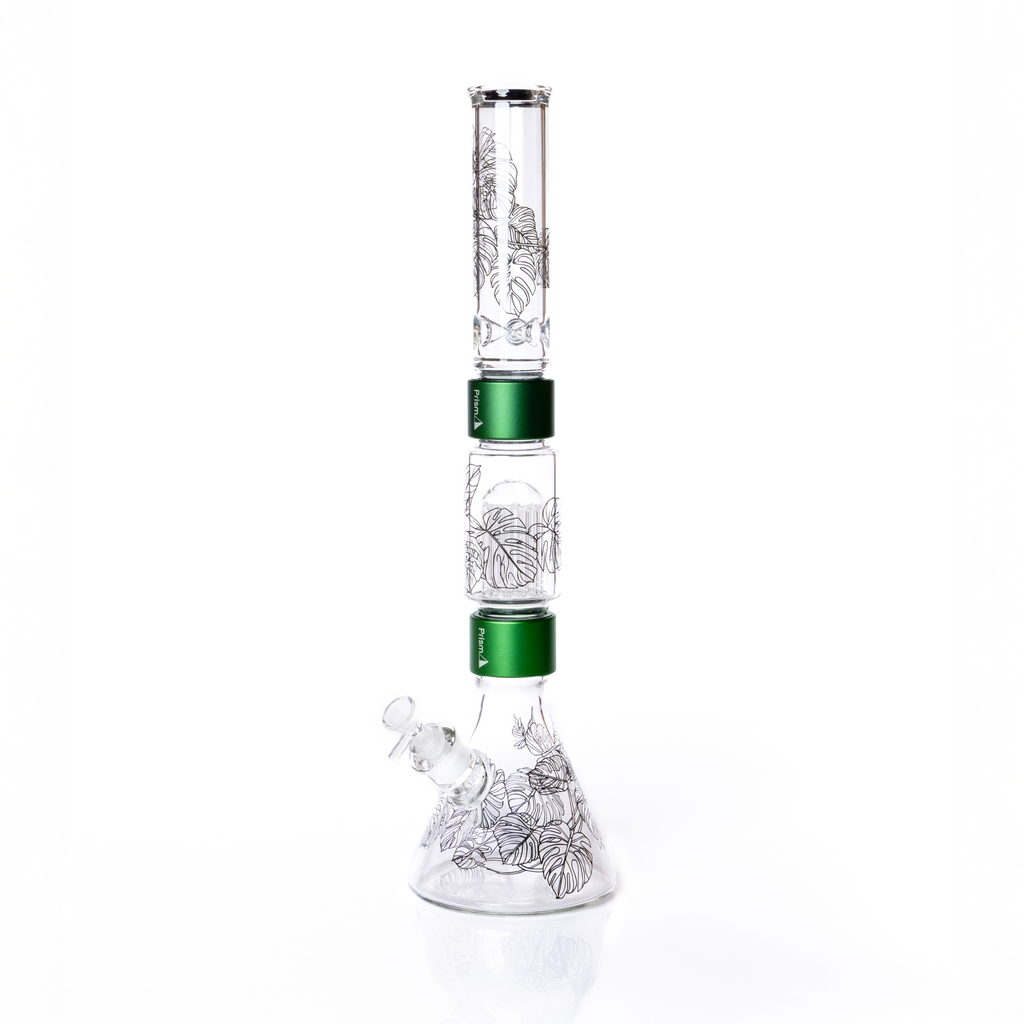 Glass water pipe with floral designs on a white background