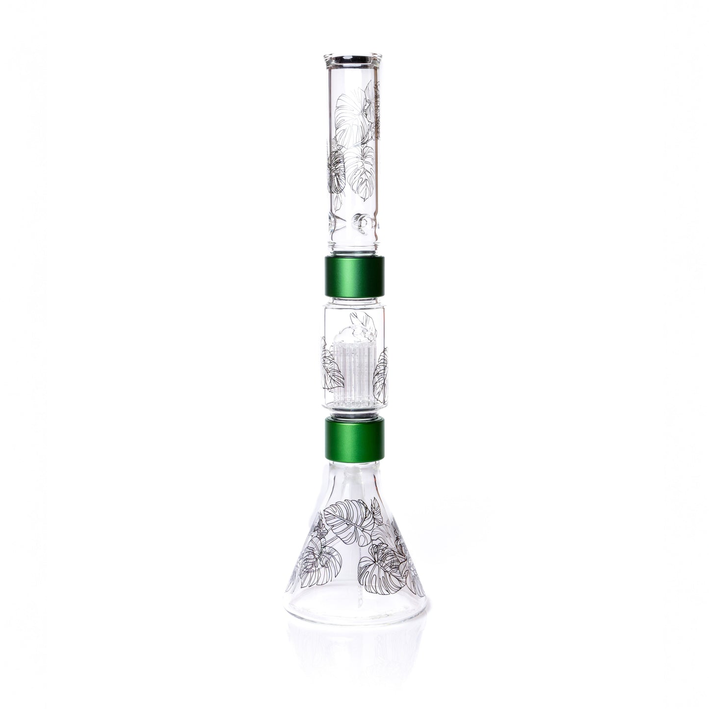 Glass water pipe with green accents on a white background