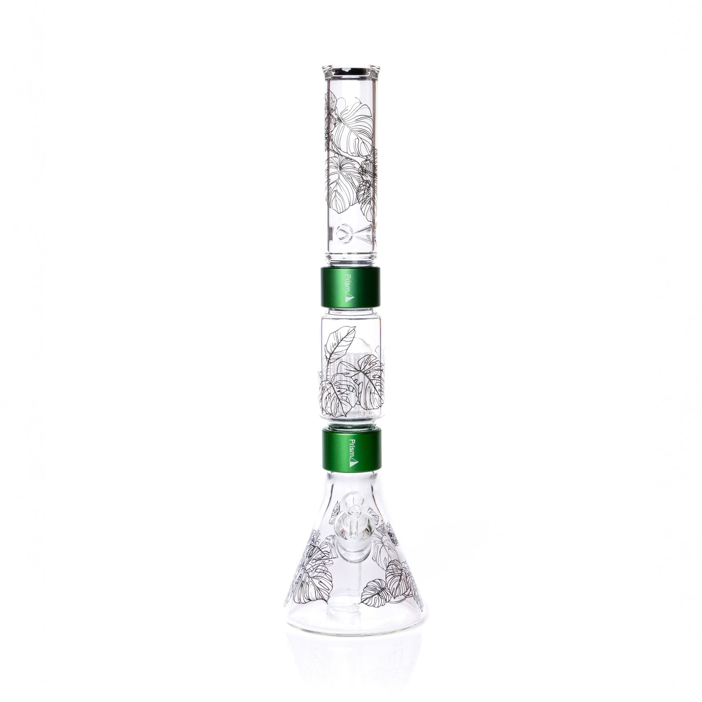 Glass water pipe with green accents on a white background