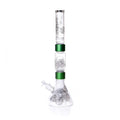 Glass water pipe with green accents on a white background