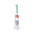 Glass water pipe with a green top and red base on a white background