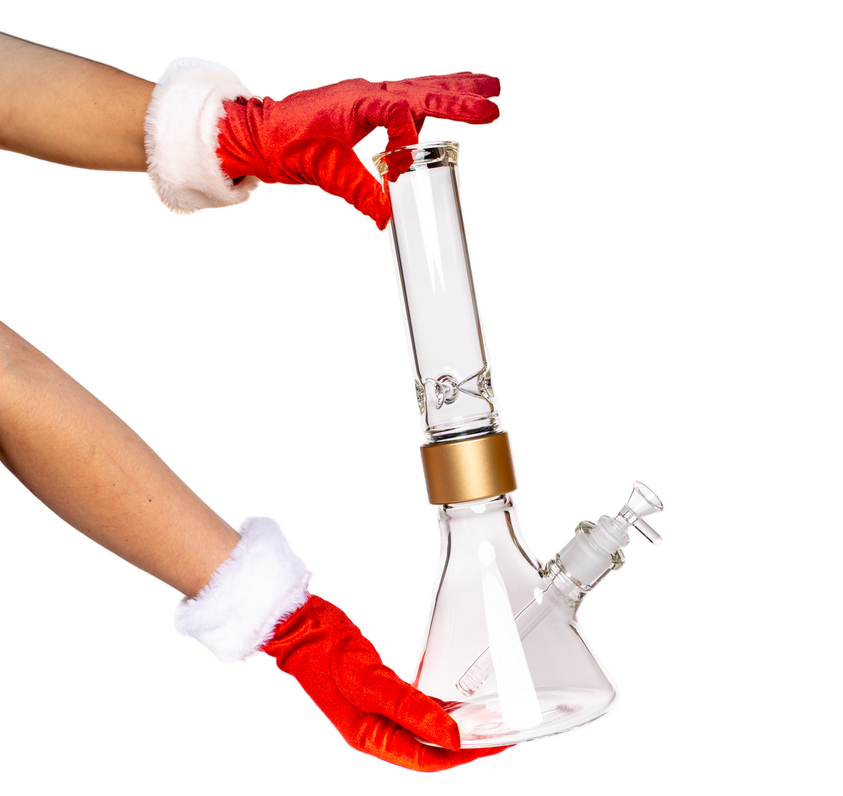 Clear glass bong held by a person wearing red gloves on a white background