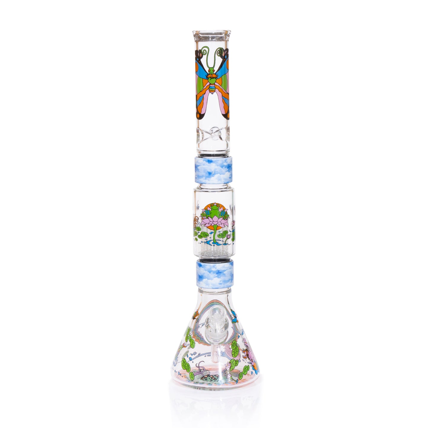Pond Life Beaker Double Stack with frogs, lily pads, and butterflies decal design
