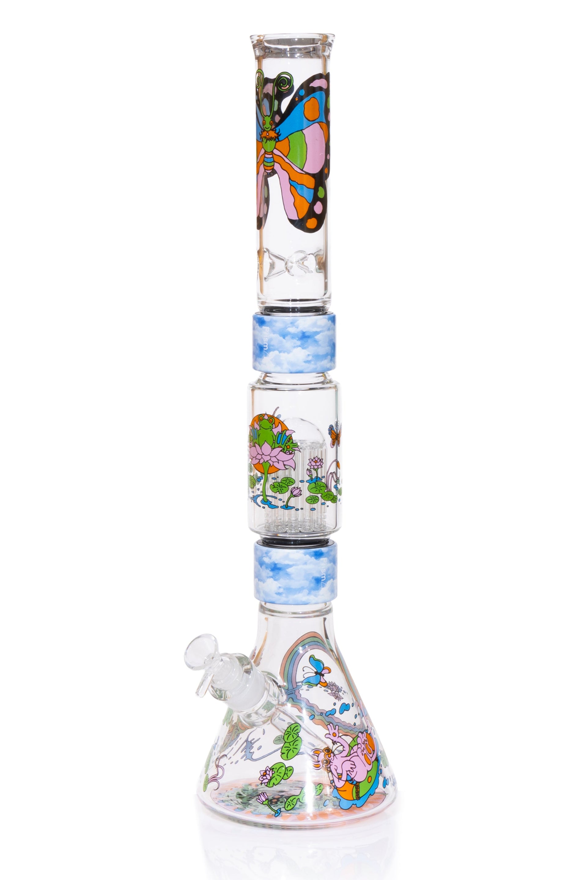 Pond Life Beaker Double Stack with frogs, lily pads, and butterflies decal design
