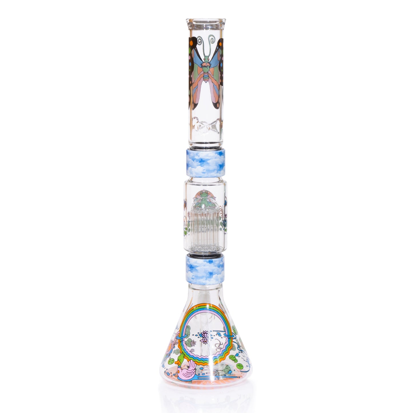 Pond Life Beaker Double Stack with frogs, lily pads, and butterflies decal design