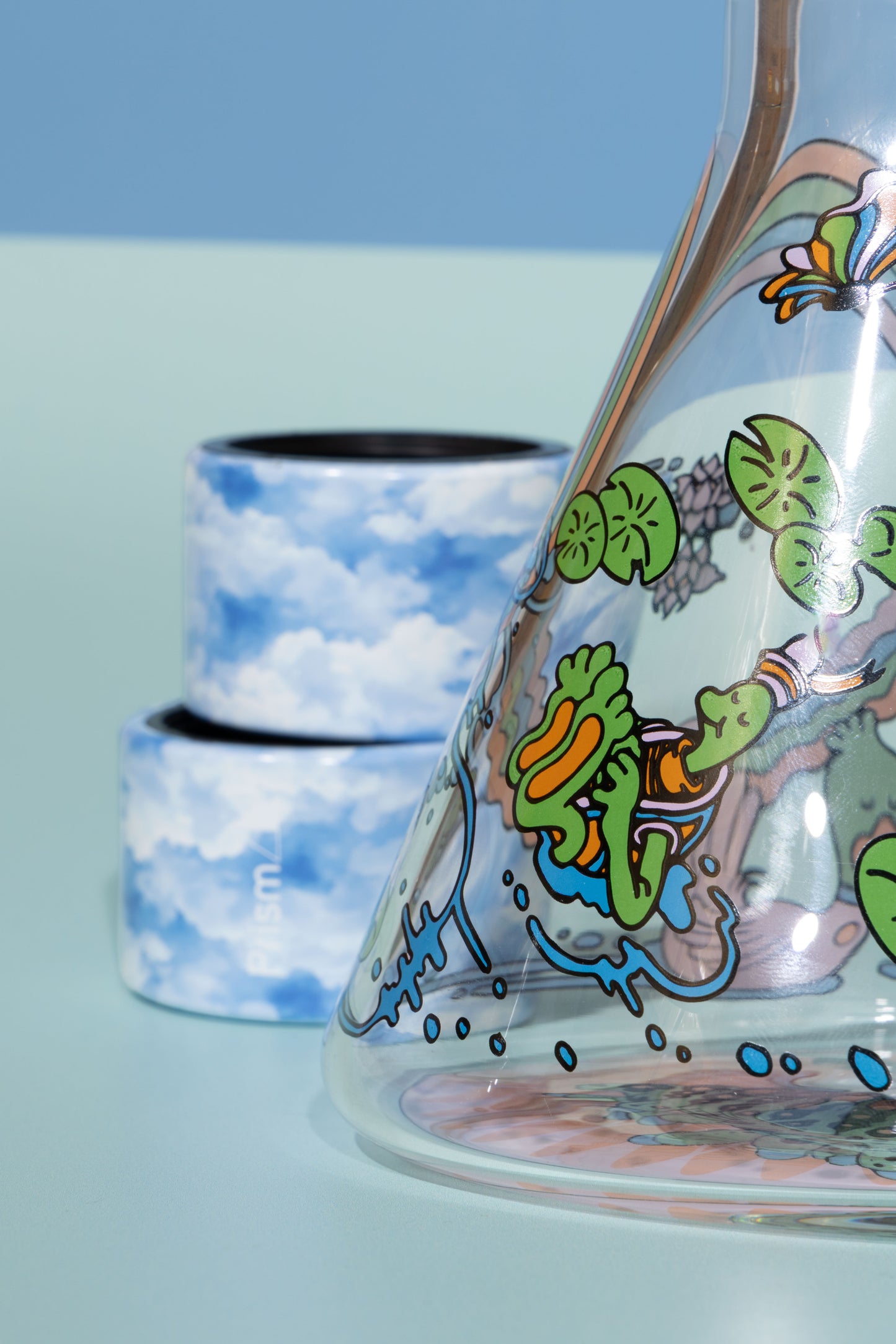 Pond Life Beaker Double Stack with frogs, lily pads, and butterflies decal design