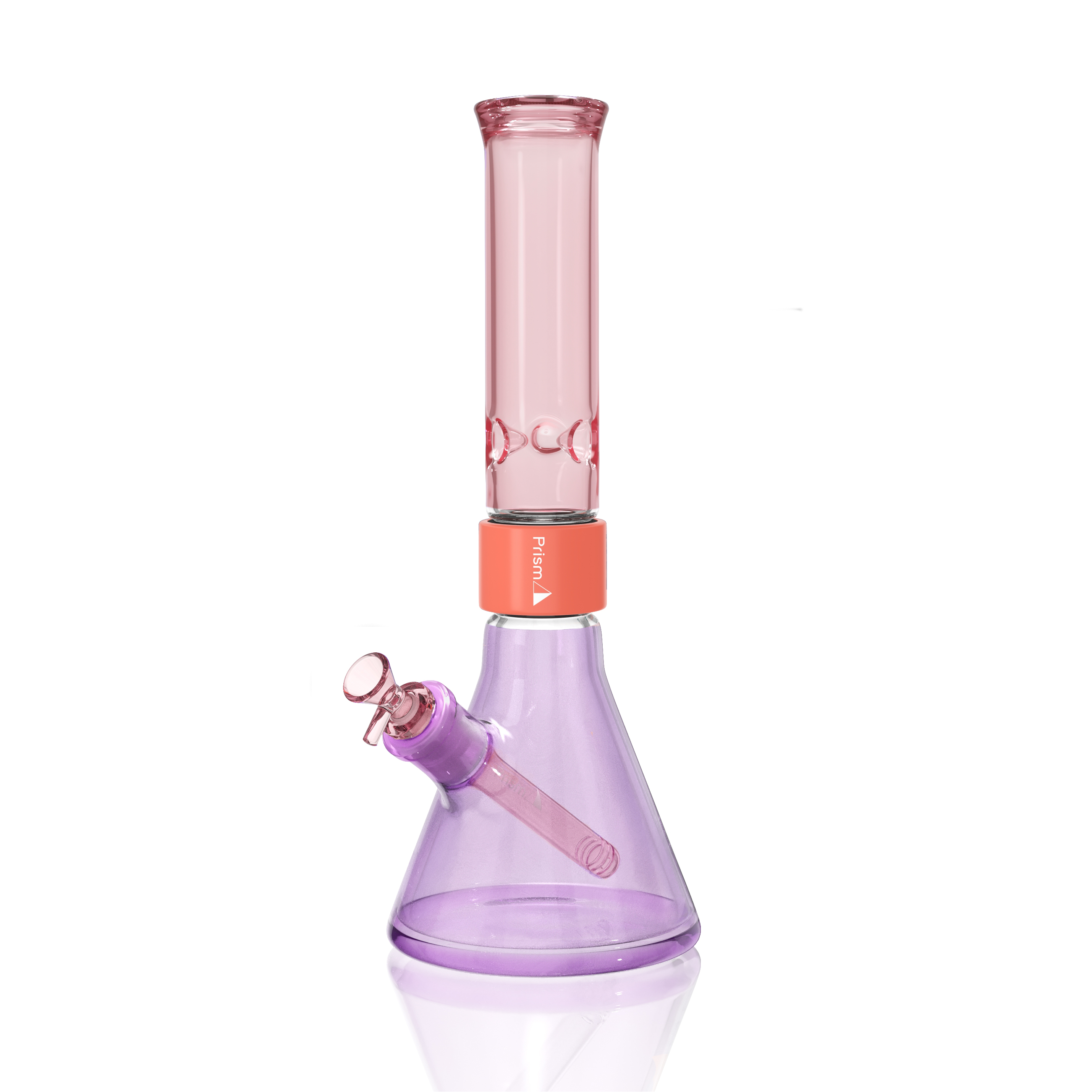 Prism Classic Duo Standard Beaker Single Stack in Grape Jolly Rancher and Pink Lemonade. A full-sized modular glass bong featuring a heavy-duty 7mm thick borosilicate beaker base in Grape Jolly Rancher purple, a coral anodized aluminum Classic Halo connector, and a Classic translucent Pink Lemonade standard mouthpiece. Includes matching Grape Jolly Rancher glass downstem and 14mm bowl.