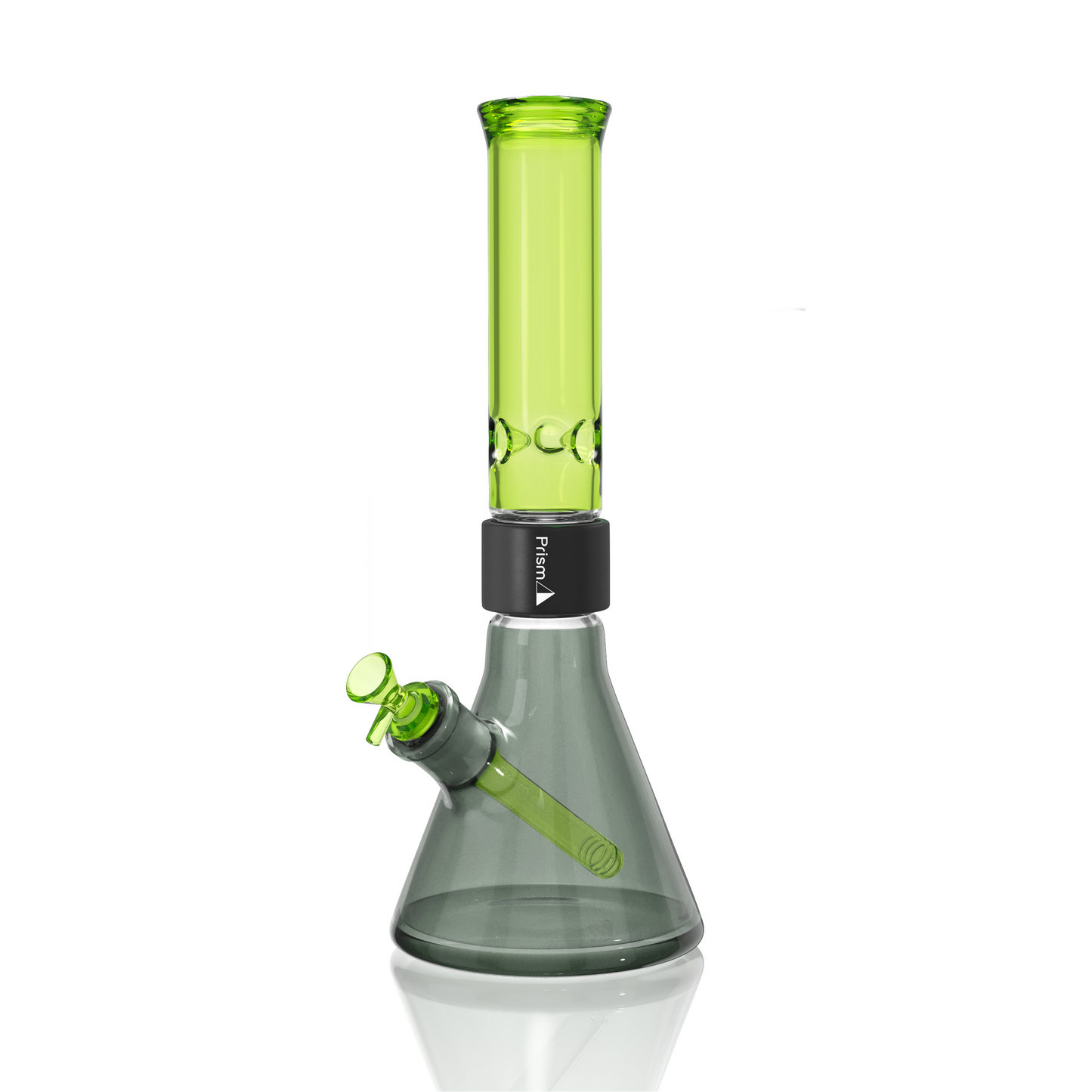 Prism Classic Duo Standard Beaker Single Stack in Midnight Black and Slime Green. A full-sized 14.25-inch modular glass pipe featuring a heavy-duty 7mm thick borosilicate beaker base in Midnight Black, black anodized aluminum Classic Halo connector, and a classic Slime Green standard mouthpiece. Includes matching Slime Green glass downstem and 14mm bowl. Fully customizable and easy to disassemble for maintenance.