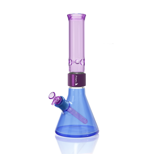 Prism Classic Duo Standard Beaker Single Stack in Sapphire Blue and Grape Jolly Rancher. A full-sized modular glass bong featuring a heavy-duty 7mm thick borosilicate beaker base in Grape Jolly Rancher purple, a purple anodized aluminum Classic Halo connector, and a classic translucent Sapphire Blue standard mouthpiece. Includes matching Grape Jolly Rancher glass downstem and 14mm bowl.