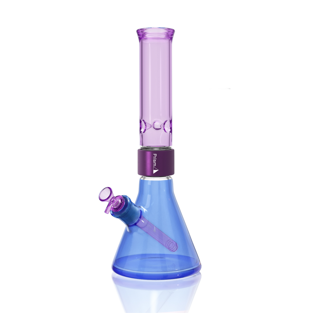 Prism Classic Duo Standard Beaker Single Stack in Sapphire Blue and Grape Jolly Rancher. A full-sized modular glass bong featuring a heavy-duty 7mm thick borosilicate beaker base in Grape Jolly Rancher purple, a purple anodized aluminum Classic Halo connector, and a classic translucent Sapphire Blue standard mouthpiece. Includes matching Grape Jolly Rancher glass downstem and 14mm bowl.