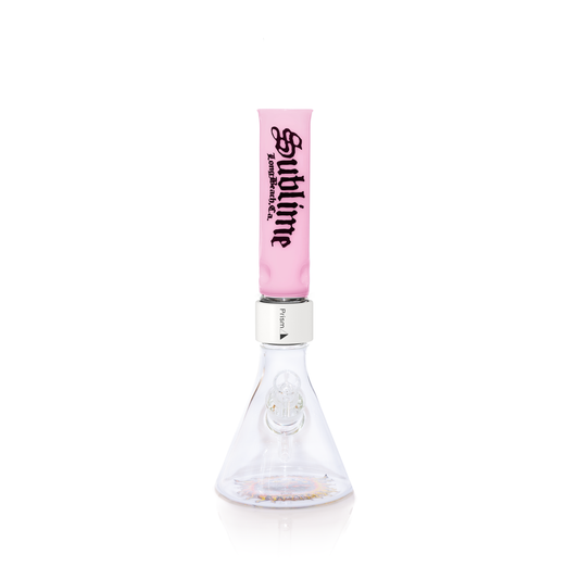 Official Prism x Sublime collaborative modular water pipe featuring a clear glass beaker base with the iconic yellow sun l...
