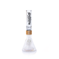 Front-facing view of the all-clear Prism x Sublime modular beaker bong. This transparent borosilicate glass setup features a clear mouthpiece with the black Sublime gothic logo and a clear beaker base with the yellow Opie Ortiz sun artwork. The gold Halo Connector serves as a premium center accent, highlighting the high-clarity glass construction.