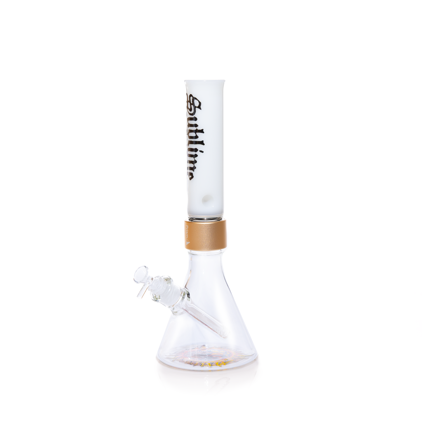 Official Prism x Sublime collaborative modular water pipe featuring a clear glass beaker base with the iconic yellow sun logo by Opie Ortiz on the bottom. This customizable bong includes a metallic gold Halo Connector and a white glass straight tube mouthpiece adorned with the black Sublime gothic logo and Long Beach, California text.