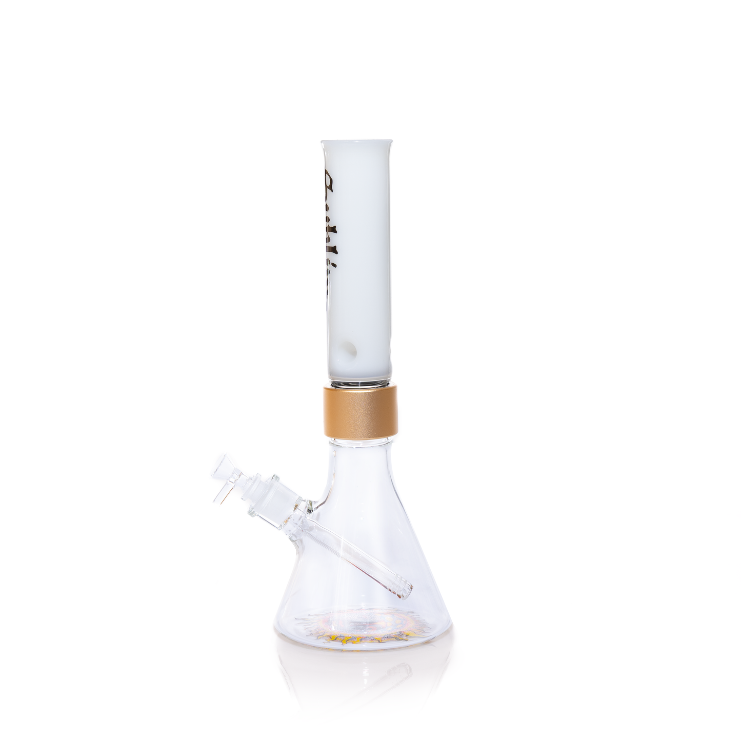 Back view of a modular glass water pipe from the Prism x Sublime official collection. Featuring a white glass finish and gold hardware, this image highlights the durable decal wrap and modular assembly. Perfect for users searching for "Sublime band glass bongs" and "customizable smoking rigs with band logos."