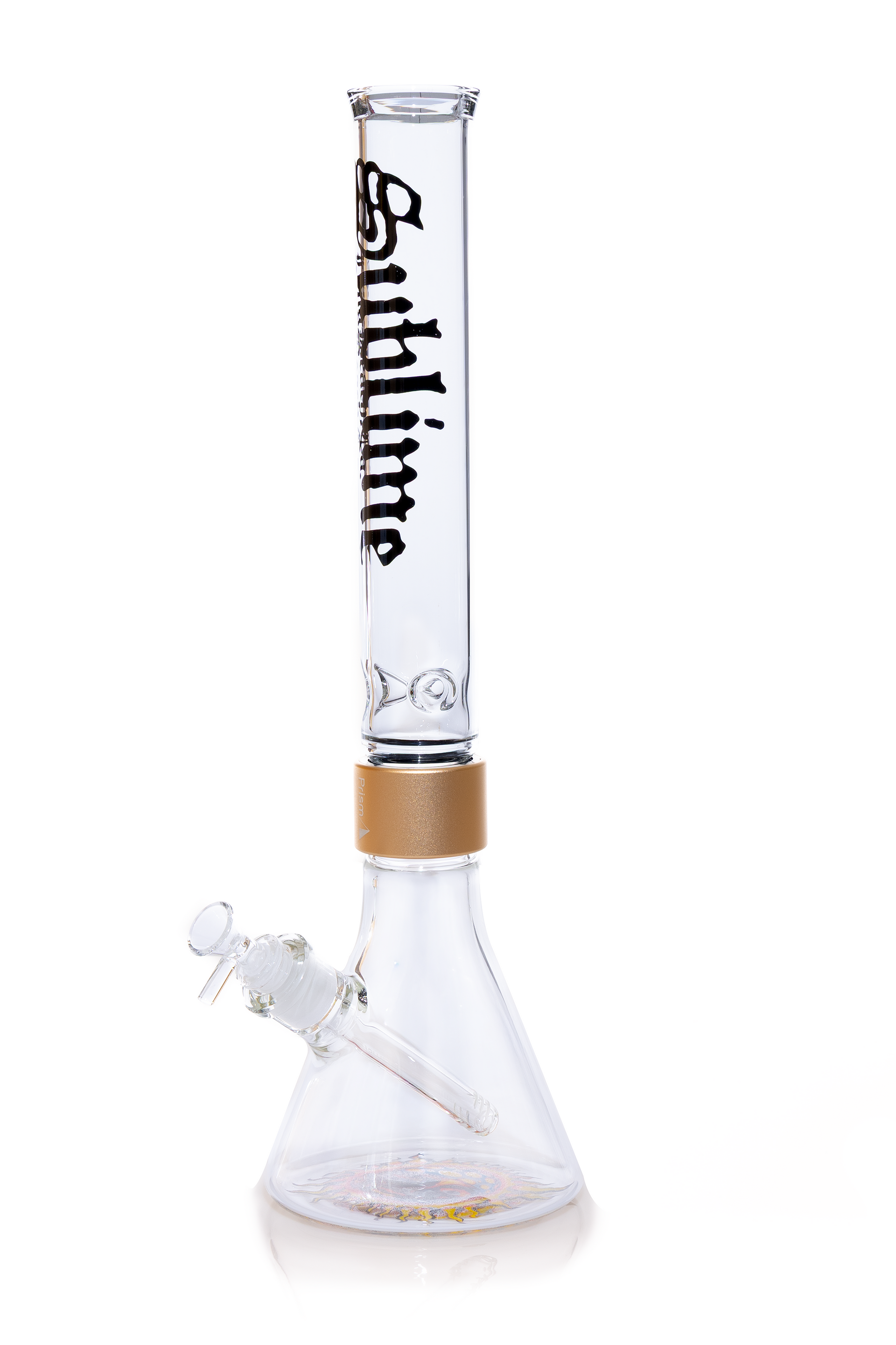 A professional studio shot of the Tall Clear Beaker from the Prism x Sublime collection. This piece emphasizes the modularity and scale of the collaboration, offering an oversized version of the classic beaker design. The clear glass allows for full visibility of the iconic band artwork and the sleek gold hardware, making it a standout collectible for Sublime fans and glass enthusiasts.