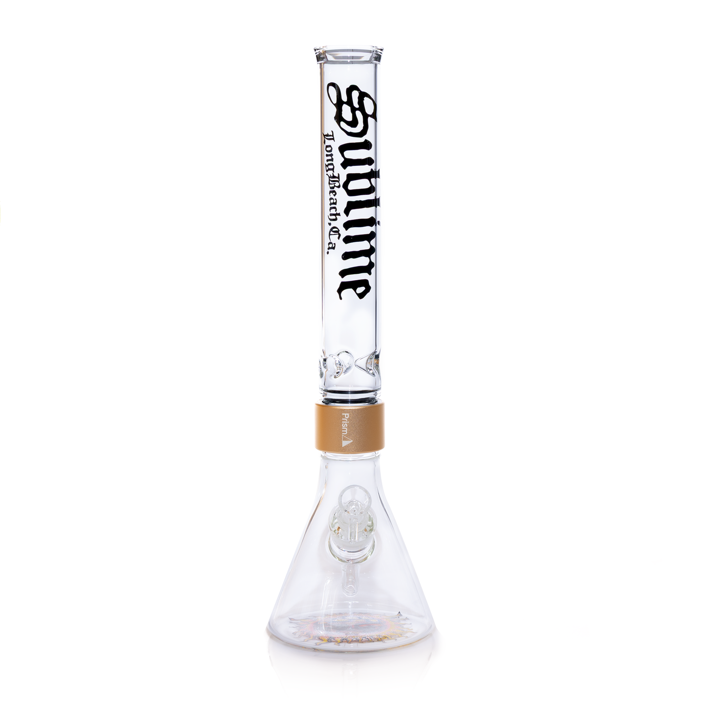 A detailed front view of the Tall Clear Beaker from the Prism x Sublime collection, emphasizing the large-scale design and official band iconography. The white mouthpiece provides a clean canvas for the "Sublime Long Beach" logo, while the clear base allows the yellow sun decal to pop. This modular assembly is the perfect blend of high-end glass functionality and legendary 90s music culture, designed for collectors who prefer a taller, high-volume smoking experience.
