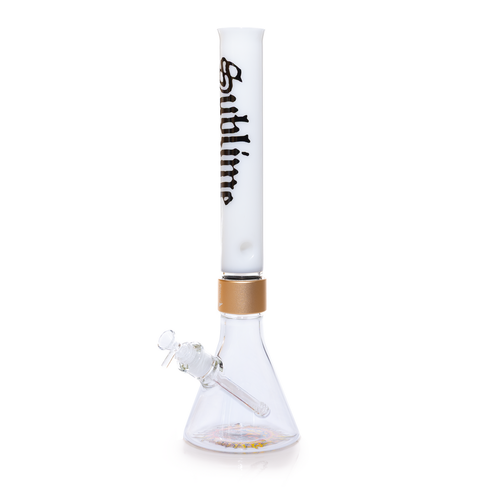 Tall white glass modular water pipe from the Prism x Sublime collaboration. This premium 3-piece setup includes an extra-long straight-tube mouthpiece, a 7mm thick clear beaker base with sun decal, and a 14mm joint. Designed for maximum smoke volume and cooling, featuring gold anodized hardware and official band-licensed artwork for Sublime enthusiasts.