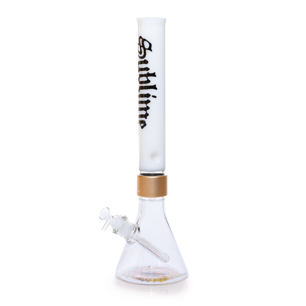 Tall white glass modular water pipe from the Prism x Sublime collaboration. This premium 3-piece setup includes an extra-long straight-tube mouthpiece, a 7mm thick clear beaker base with sun decal, and a 14mm joint. Designed for maximum smoke volume and cooling, featuring gold anodized hardware and official band-licensed artwork for Sublime enthusiasts.