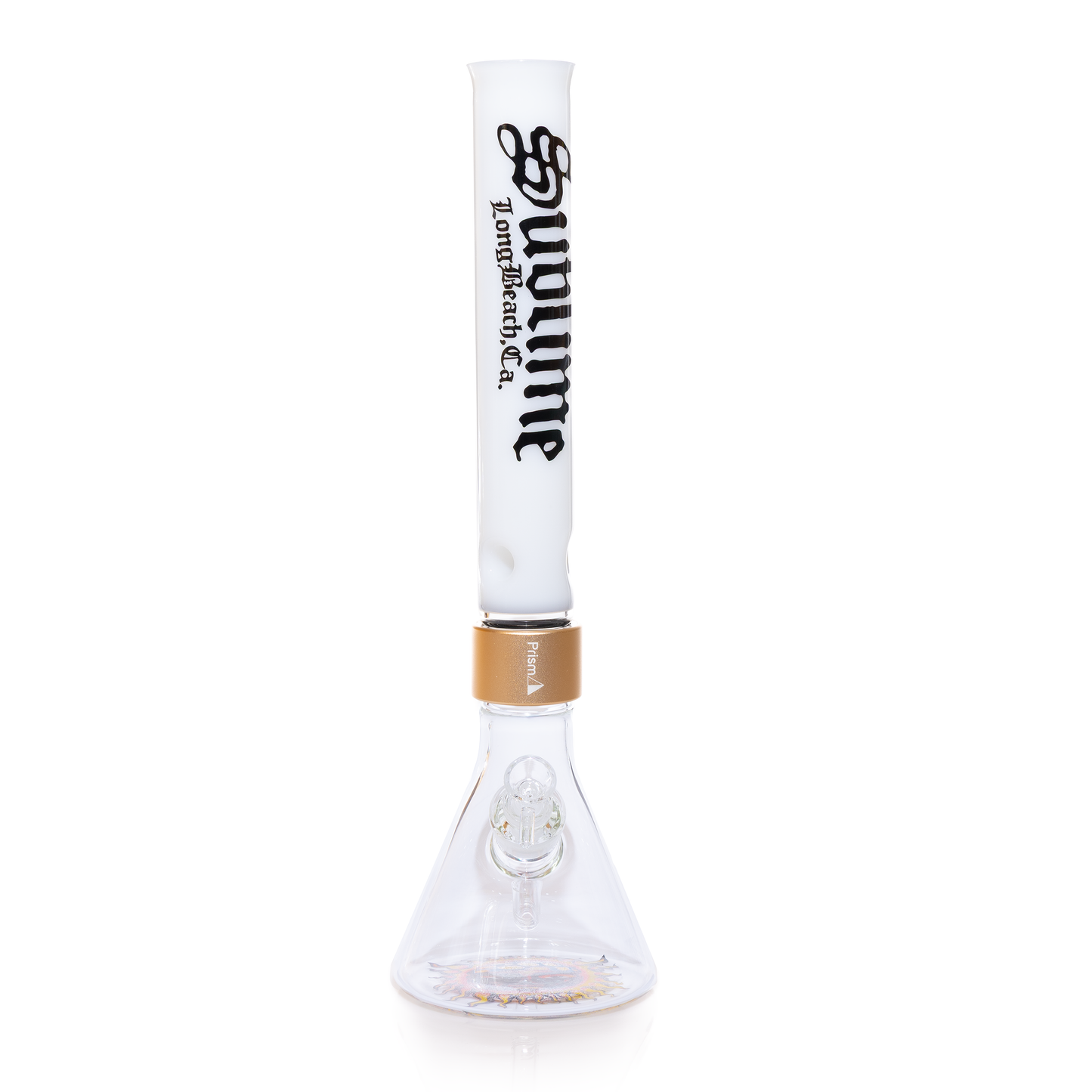 A professional studio portrait of the Tall White Beaker from the Prism x Sublime official collaboration. This image emphasizes the combination of modern modular glass technology and legendary 90s reggae-rock iconography. The gold hardware provides a luxury accent to the white-and-clear glass assembly, making it a standout collectible that honors the band’s California heritage and Opie Ortiz’s world-famous artwork.