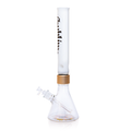 Back view of the official Sublime clear modular bong by Prism. This shot highlights the high-clarity glass and the professional-grade decal wrap of the Sublime gothic logo. Featuring a metallic gold anodized connector and a clear beaker base with the signature sun artwork, this image illustrates the build quality and official branding of this premium 14mm joint water pipe.