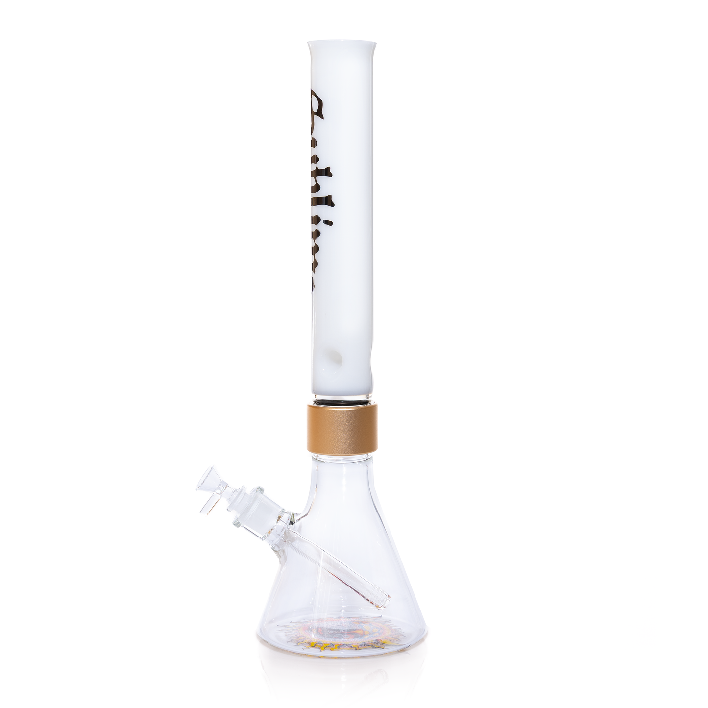 Back view of the official Sublime clear modular bong by Prism. This shot highlights the high-clarity glass and the professional-grade decal wrap of the Sublime gothic logo. Featuring a metallic gold anodized connector and a clear beaker base with the signature sun artwork, this image illustrates the build quality and official branding of this premium 14mm joint water pipe.
