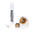 Disassembled 18-inch modular bong from the official Prism x Sublime collection. Components include an elongated white glass mouthpiece with gothic "Long Beach" branding and a clear borosilicate beaker base featuring the Opie Ortiz sun logo. The sun decal is positioned for maximum visibility, highlighting the 14mm joint and the gold anodized aluminum connection system.