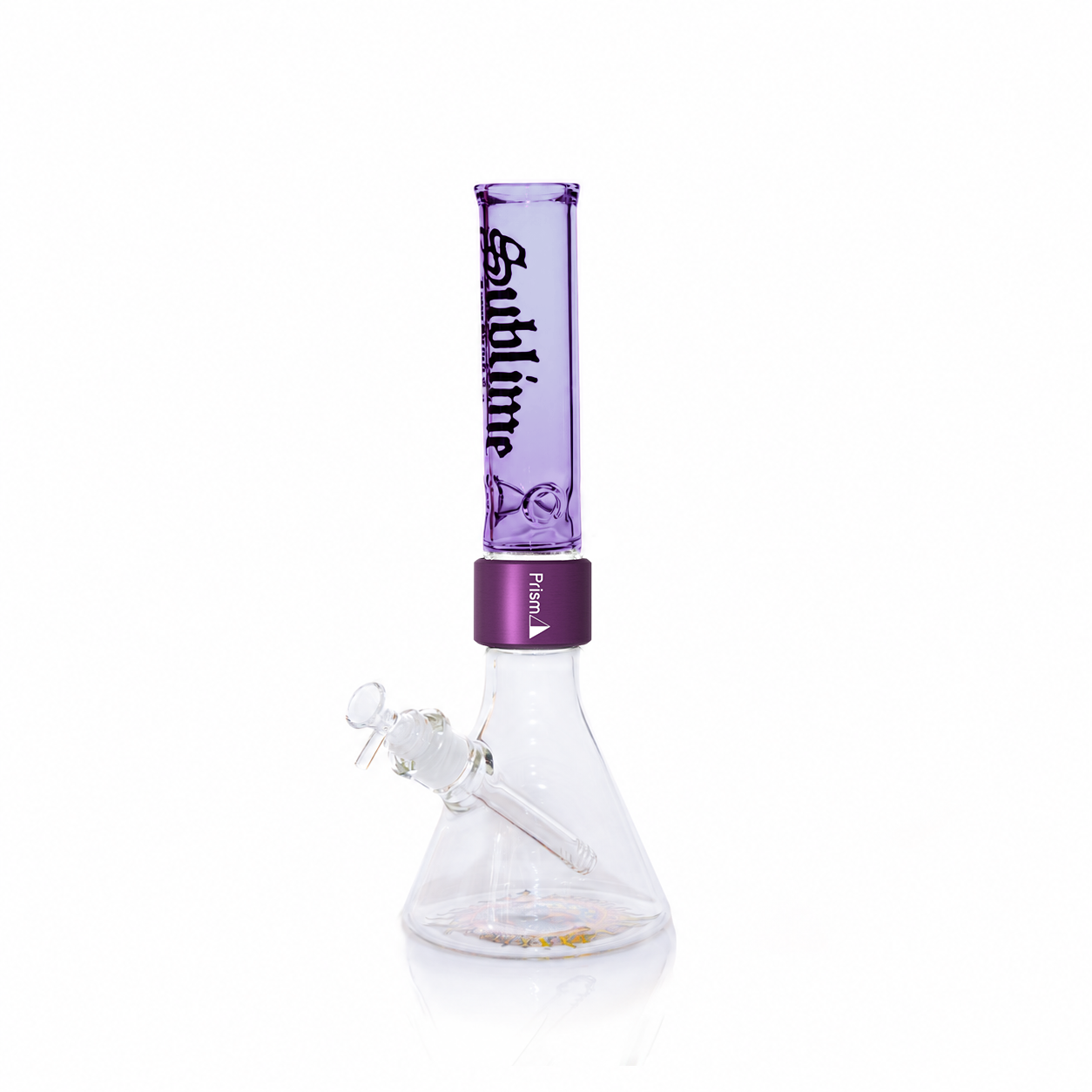 Official Prism x Sublime collaborative modular water pipe featuring a clear glass beaker base with the iconic yellow sun l...