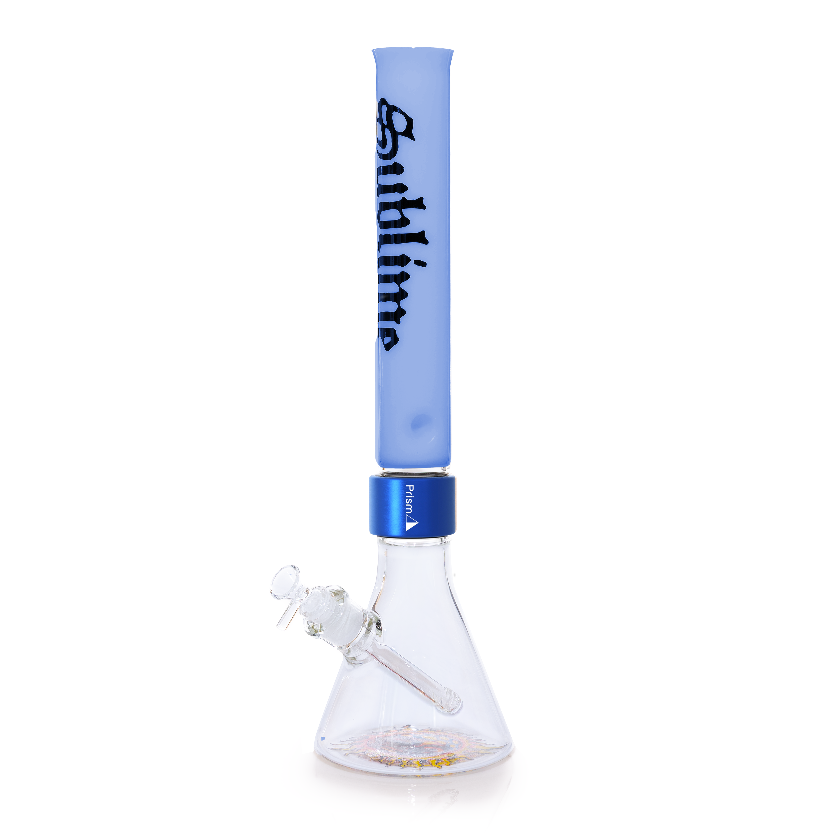 Disassembled 18-inch modular bong from the official Prism x Sublime collection. Components include an elongated white glas...