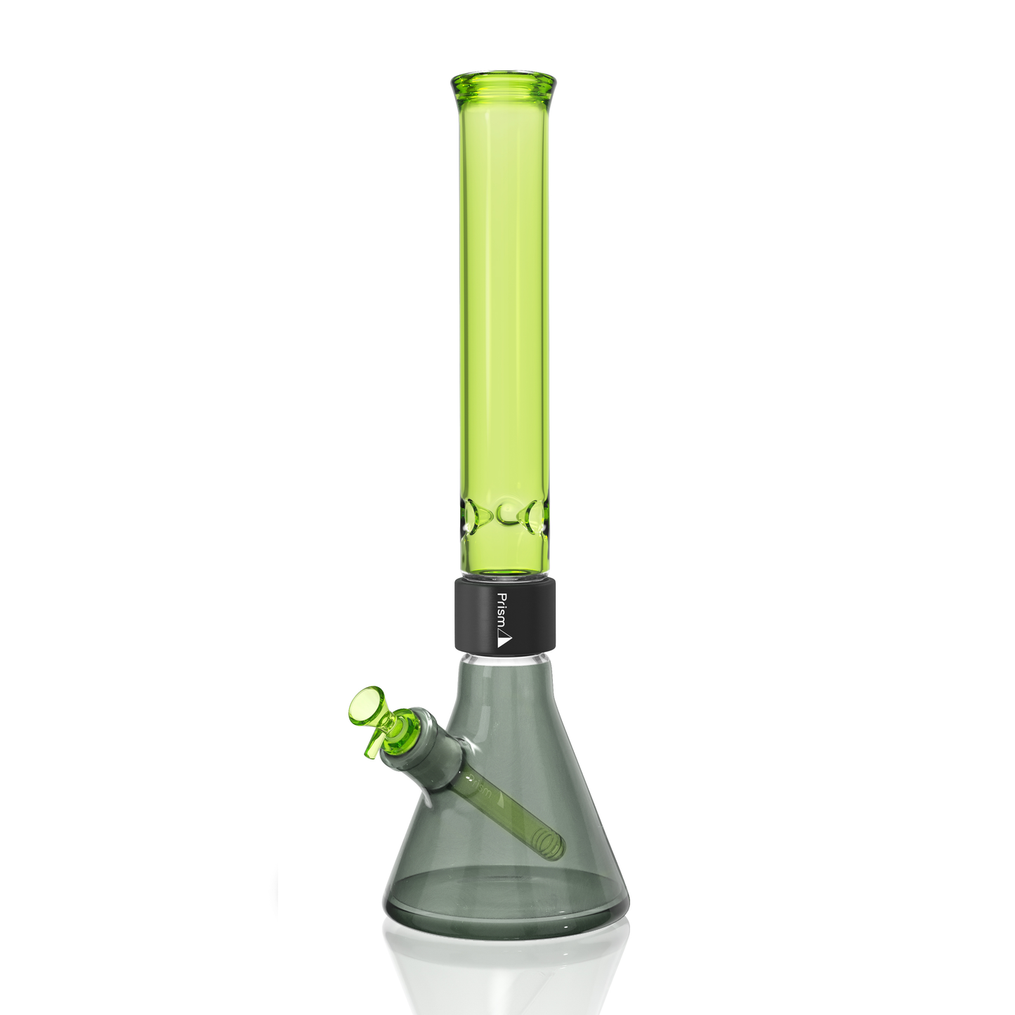 Prism Classic Duo Tall Beaker Single Stack in Midnight Black and Slime Green. A full-sized modular glass pipe featuring a heavy-duty 7mm thick borosilicate beaker base in Midnight Black, black anodized aluminum Classic Halo connector, and a classic Slime Green tall mouthpiece. Includes matching Slime Green glass downstem and 14mm bowl. Designed for maximum durability and interchangeable part swapping.