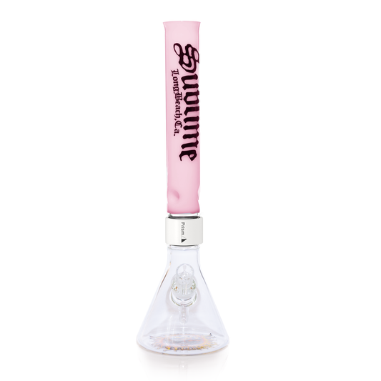 Disassembled 18-inch modular bong from the official Prism x Sublime collection. Components include an elongated white glas...