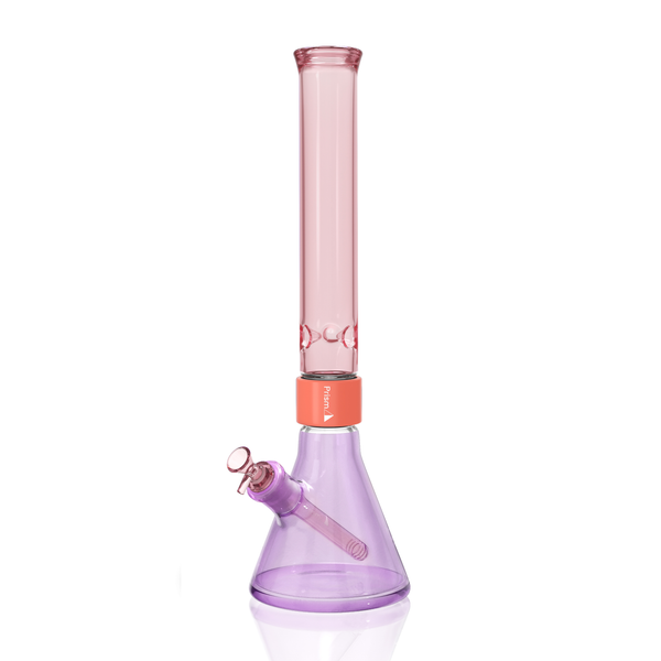Prism Classic Duo Tall Beaker Single Stack in Grape Jolly Rancher and Pink Lemonade. A full-sized modular glass bong featuring a heavy-duty 7mm thick borosilicate beaker base in Grape Jolly Rancher purple, a coral anodized aluminum Classic Halo connector, and a classic translucent Pink Lemonade tall mouthpiece. Includes matching Grape Jolly Rancher glass downstem and 14mm bowl.